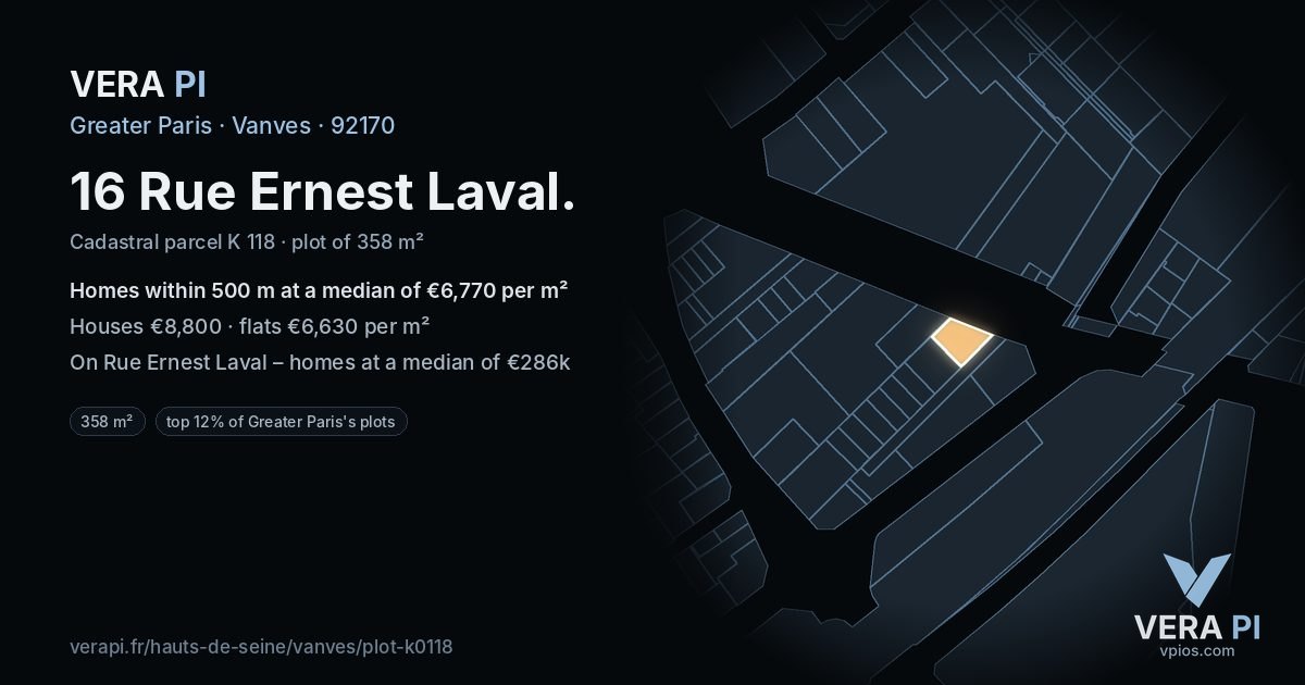 16 Rue Ernest Laval, Vanves at night – the plot lit, the parcels around coloured by the prices near them