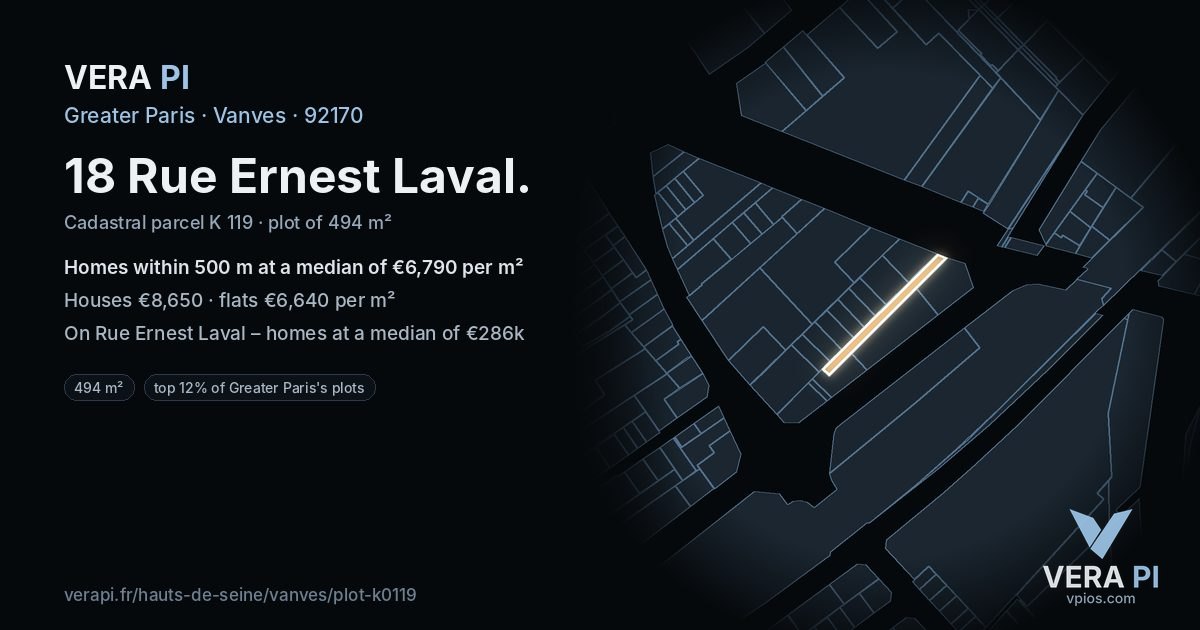 18 Rue Ernest Laval, Vanves at night – the plot lit, the parcels around coloured by the prices near them