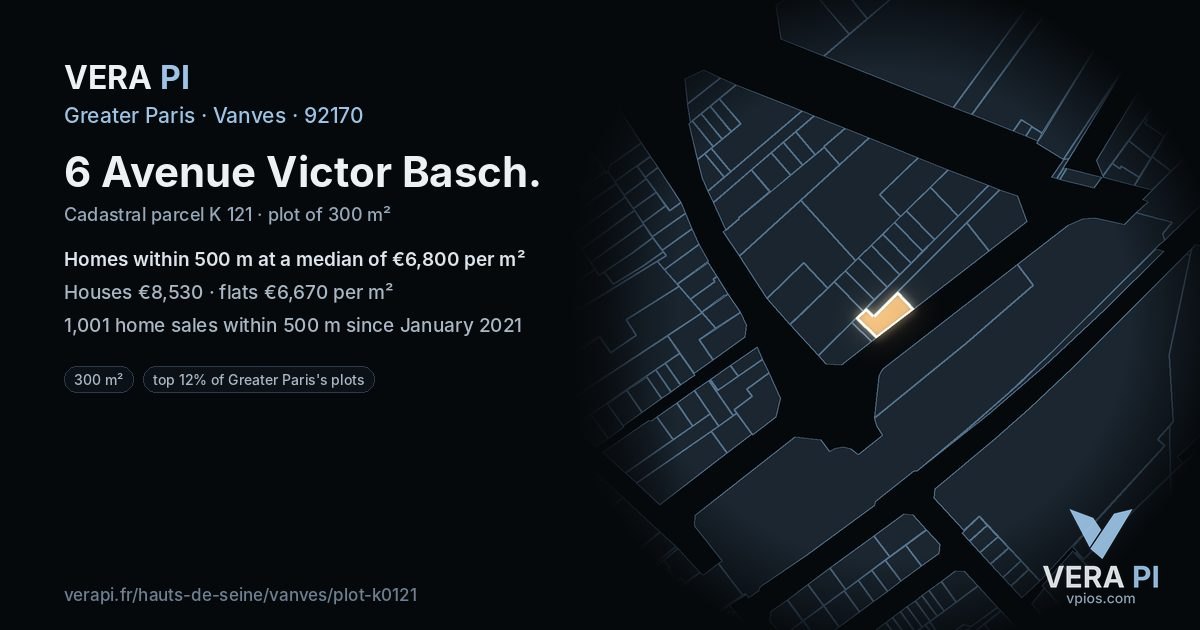 6 Avenue Victor Basch, Vanves at night – the plot lit, the parcels around coloured by the prices near them