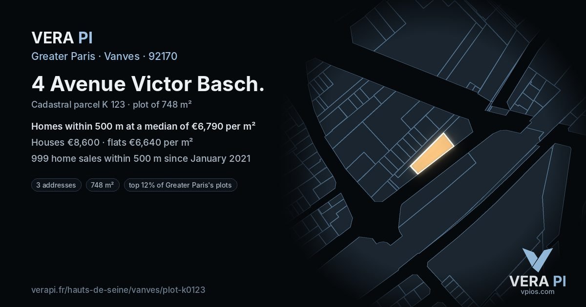 4 Avenue Victor Basch, Vanves at night – the plot lit, the parcels around coloured by the prices near them