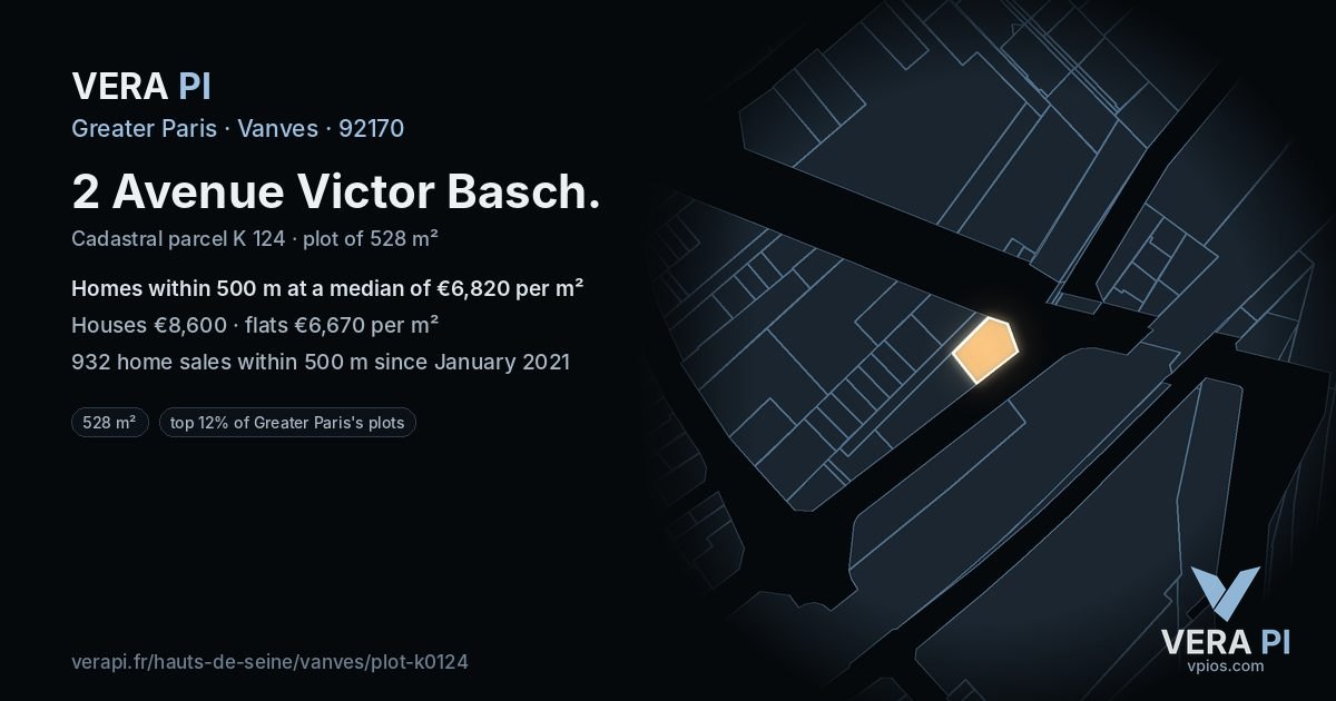 2 Avenue Victor Basch, Vanves at night – the plot lit, the parcels around coloured by the prices near them