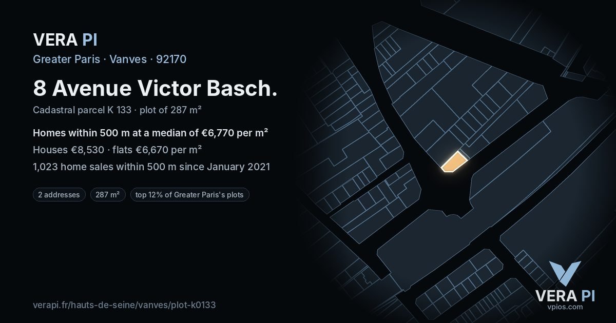 8 Avenue Victor Basch, Vanves at night – the plot lit, the parcels around coloured by the prices near them