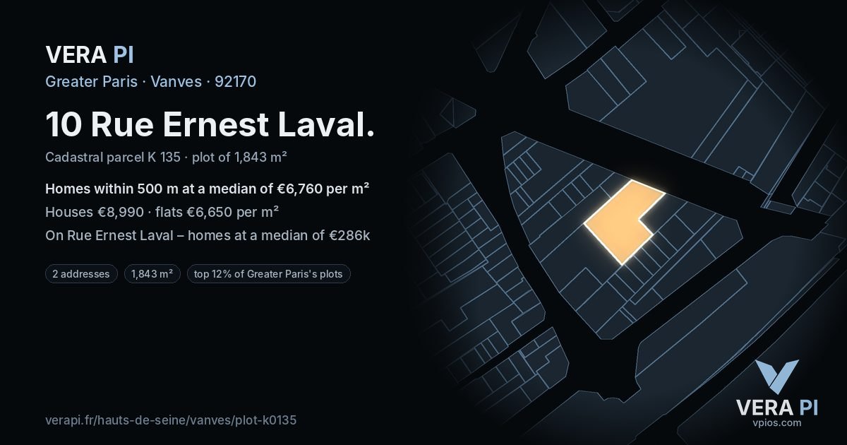 10 Rue Ernest Laval, Vanves at night – the plot lit, the parcels around coloured by the prices near them