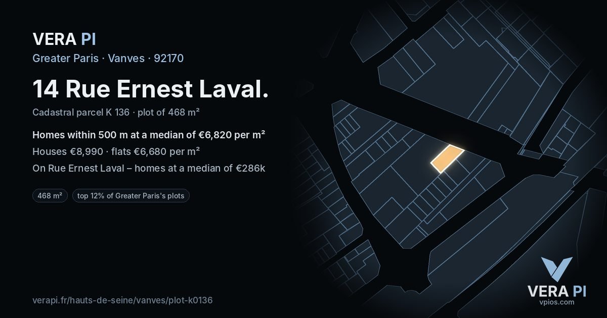 14 Rue Ernest Laval, Vanves at night – the plot lit, the parcels around coloured by the prices near them