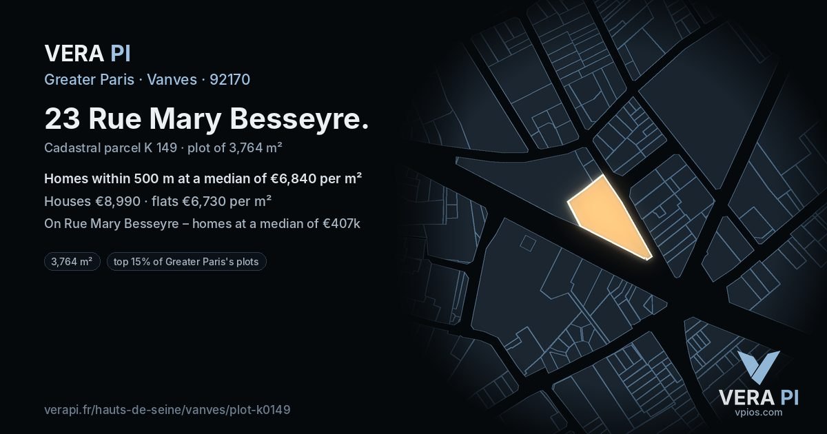 23 Rue Mary Besseyre, Vanves at night – the plot lit, the parcels around coloured by the prices near them