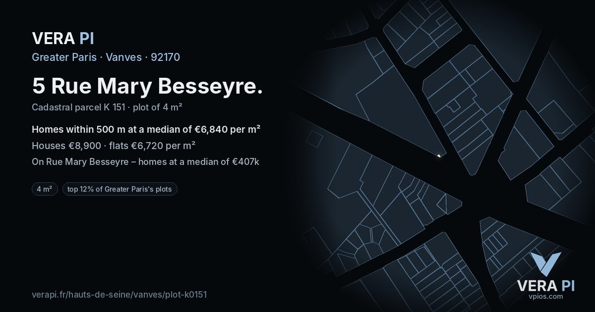 5 Rue Mary Besseyre, Vanves at night – the plot lit, the parcels around coloured by the prices near them