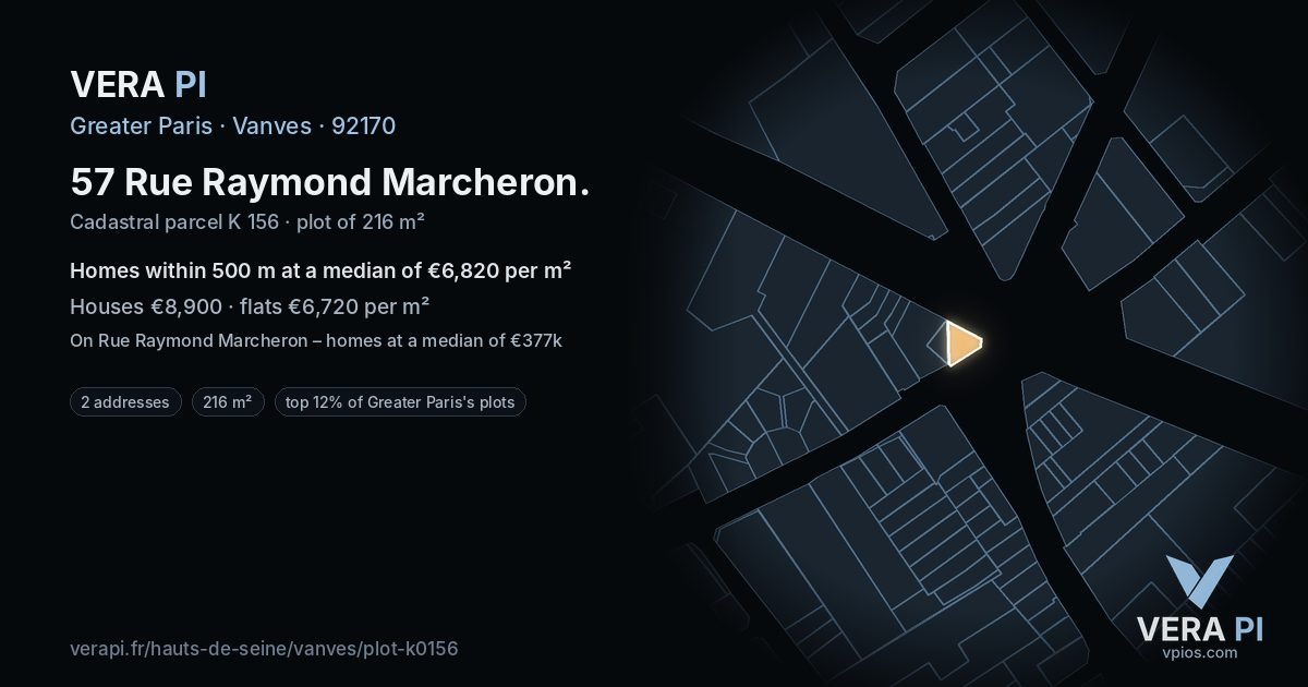 57 Rue Raymond Marcheron, Vanves at night – the plot lit, the parcels around coloured by the prices near them