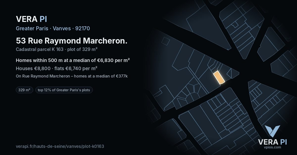 53 Rue Raymond Marcheron, Vanves at night – the plot lit, the parcels around coloured by the prices near them