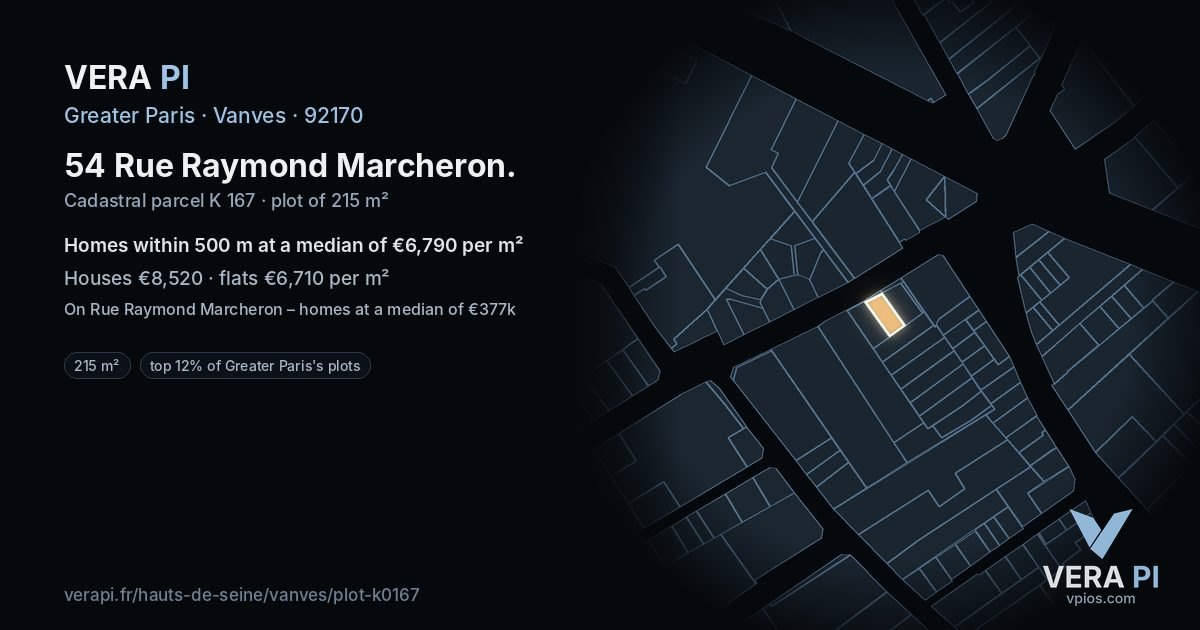 54 Rue Raymond Marcheron, Vanves at night – the plot lit, the parcels around coloured by the prices near them