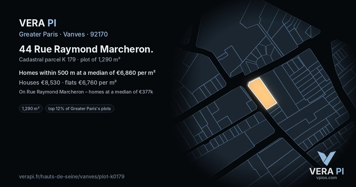 44 Rue Raymond Marcheron, Vanves at night – the plot lit, the parcels around coloured by the prices near them