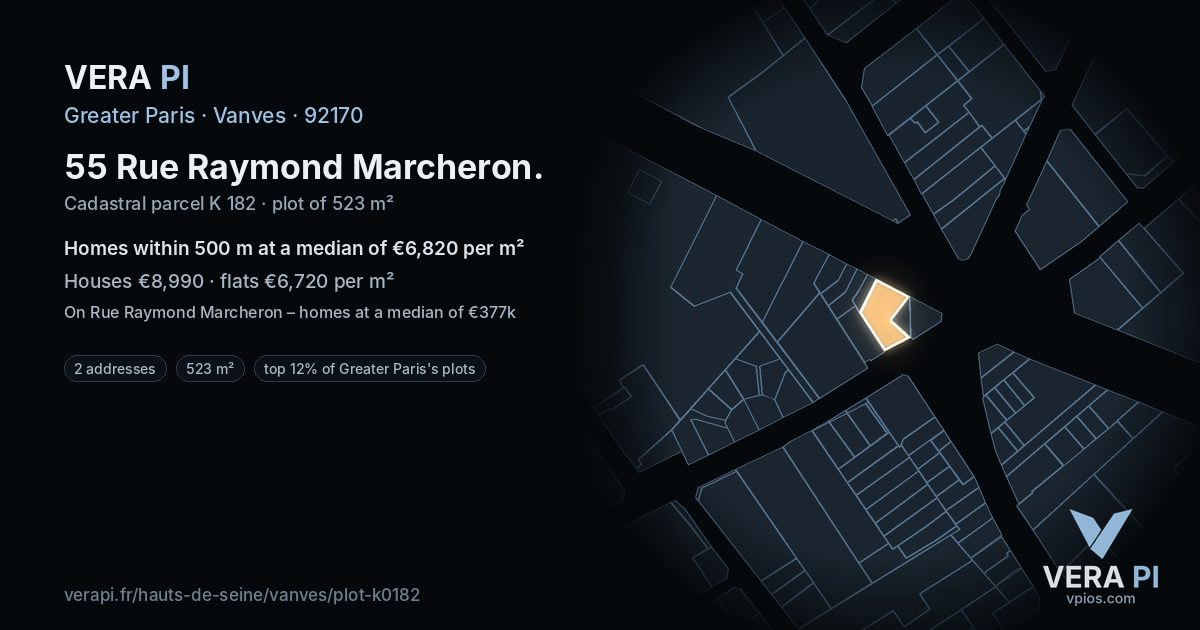 55 Rue Raymond Marcheron, Vanves at night – the plot lit, the parcels around coloured by the prices near them