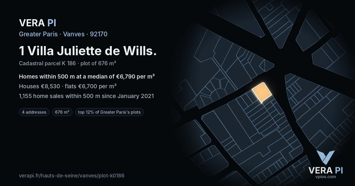 1 Villa Juliette de Wills, Vanves at night – the plot lit, the parcels around coloured by the prices near them