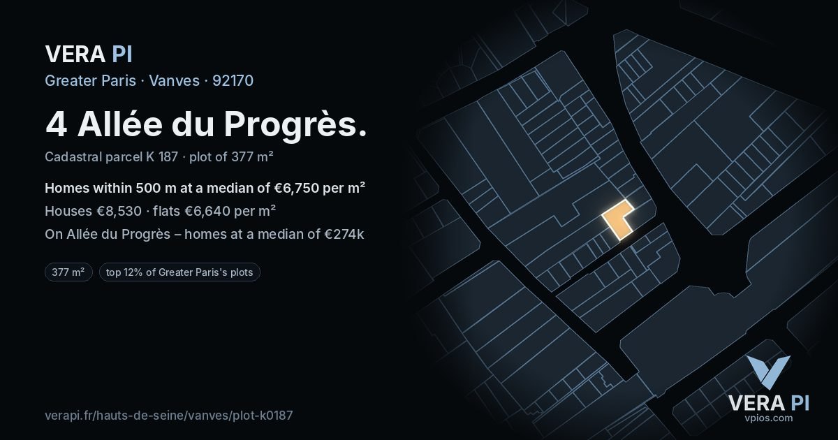 4 Allée du Progrès, Vanves at night – the plot lit, the parcels around coloured by the prices near them