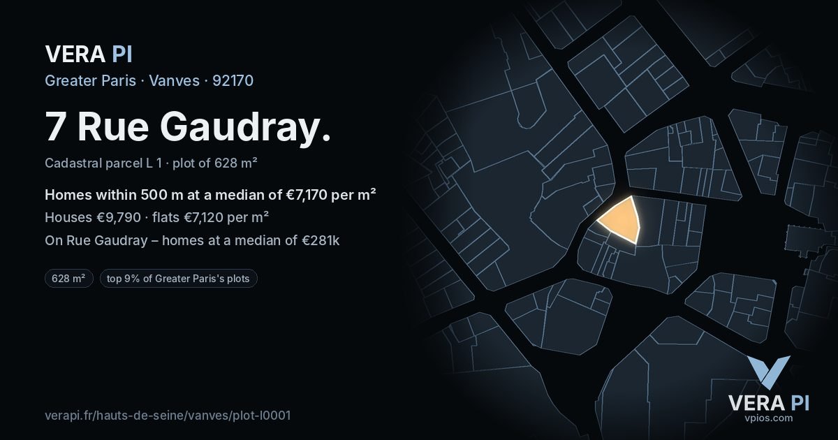 7 Rue Gaudray, Vanves at night – the plot lit, the parcels around coloured by the prices near them