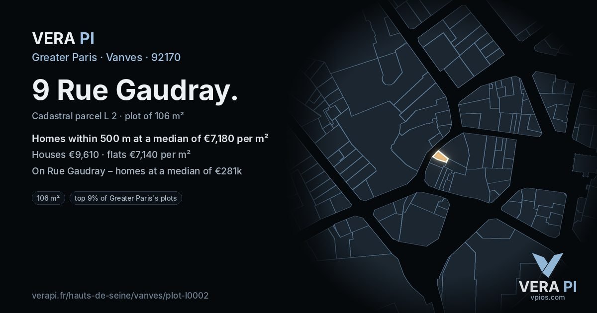 9 Rue Gaudray, Vanves at night – the plot lit, the parcels around coloured by the prices near them