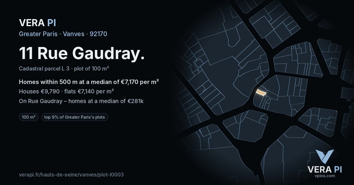 11 Rue Gaudray, Vanves at night – the plot lit, the parcels around coloured by the prices near them