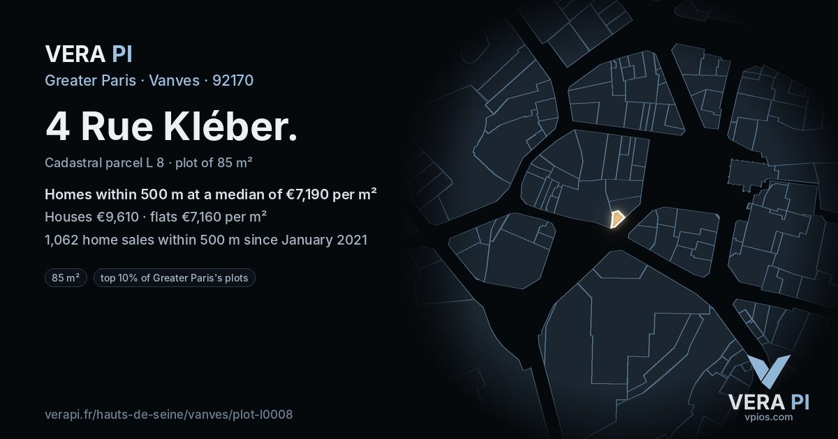 4 Rue Kléber, Vanves at night – the plot lit, the parcels around coloured by the prices near them