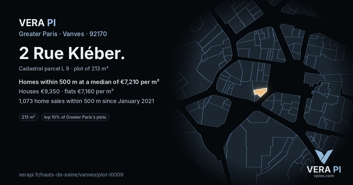 2 Rue Kléber, Vanves at night – the plot lit, the parcels around coloured by the prices near them
