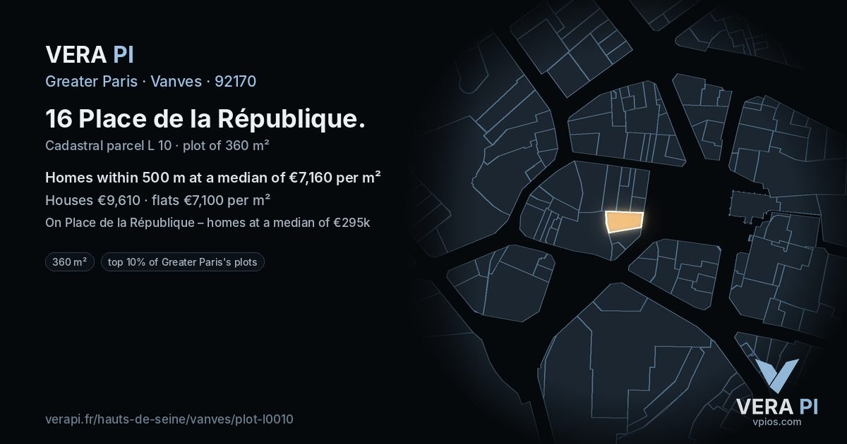 16 Place de la République, Vanves at night – the plot lit, the parcels around coloured by the prices near them