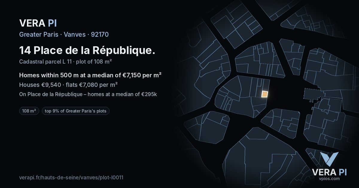 14 Place de la République, Vanves at night – the plot lit, the parcels around coloured by the prices near them