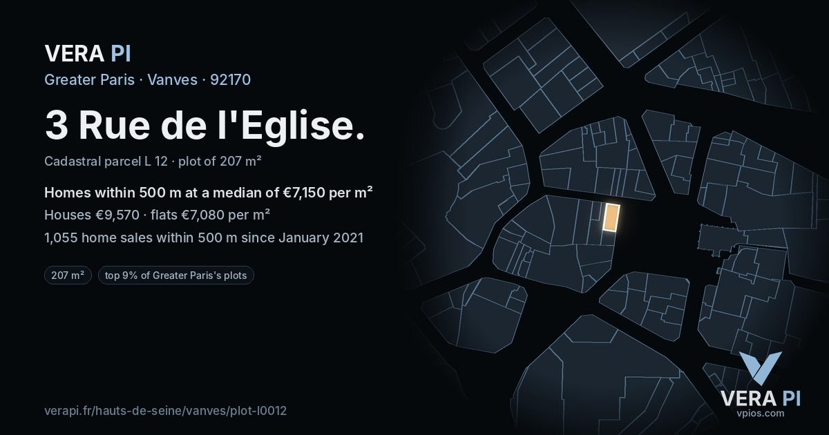 3 Rue de l'Eglise, Vanves at night – the plot lit, the parcels around coloured by the prices near them