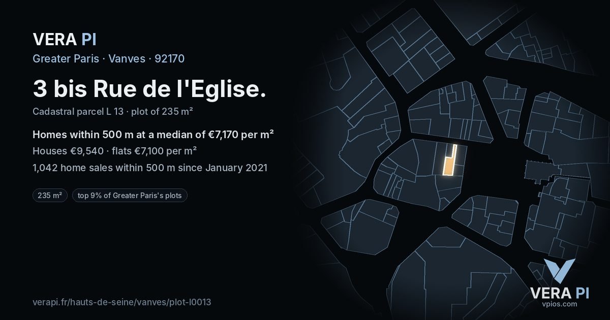 3 bis Rue de l'Eglise, Vanves at night – the plot lit, the parcels around coloured by the prices near them