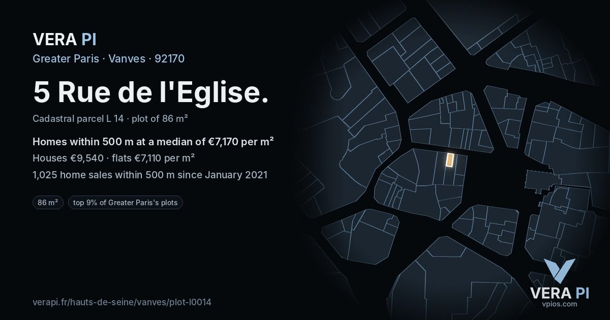 5 Rue de l'Eglise, Vanves at night – the plot lit, the parcels around coloured by the prices near them