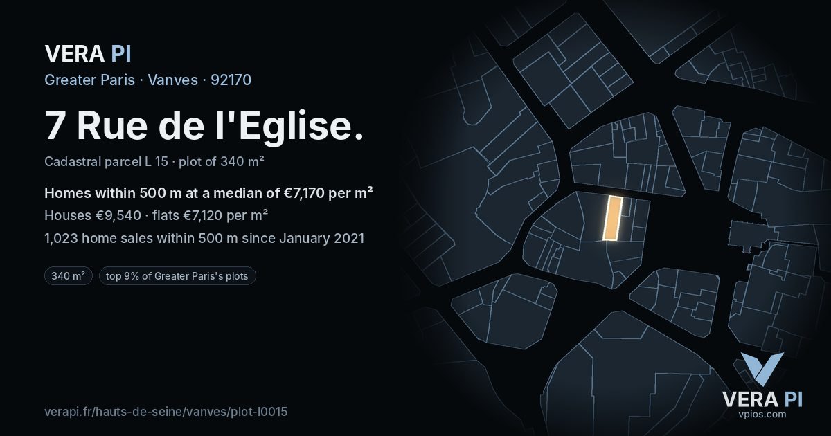 7 Rue de l'Eglise, Vanves at night – the plot lit, the parcels around coloured by the prices near them