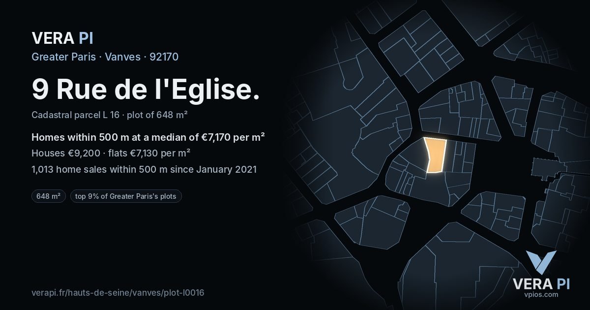 9 Rue de l'Eglise, Vanves at night – the plot lit, the parcels around coloured by the prices near them