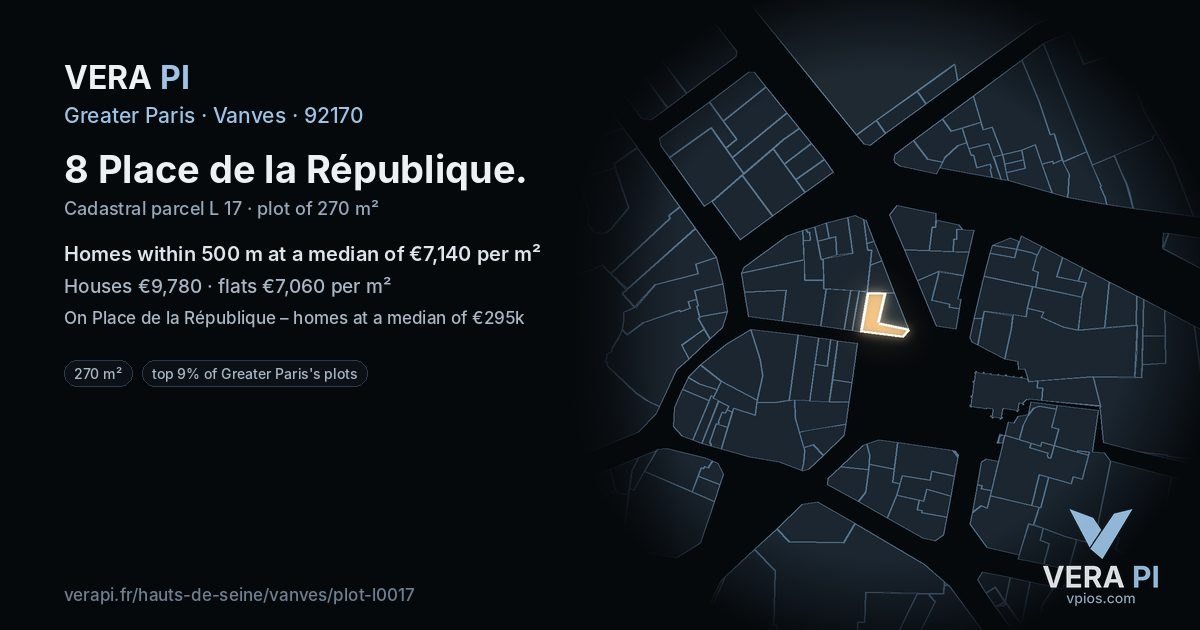 8 Place de la République, Vanves at night – the plot lit, the parcels around coloured by the prices near them