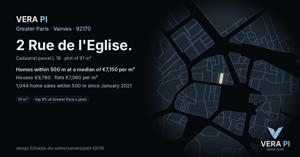 2 Rue de l'Eglise, Vanves at night – the plot lit, the parcels around coloured by the prices near them