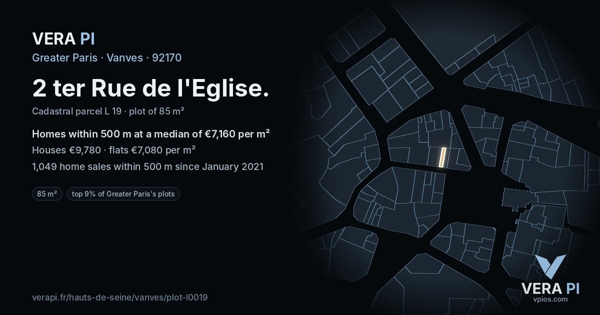 2 ter Rue de l'Eglise, Vanves at night – the plot lit, the parcels around coloured by the prices near them