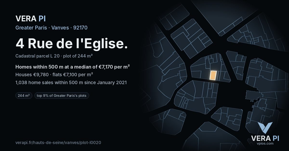 4 Rue de l'Eglise, Vanves at night – the plot lit, the parcels around coloured by the prices near them