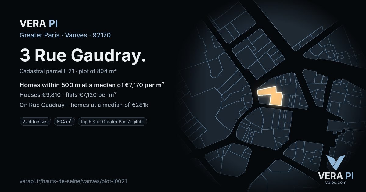 3 Rue Gaudray, Vanves at night – the plot lit, the parcels around coloured by the prices near them