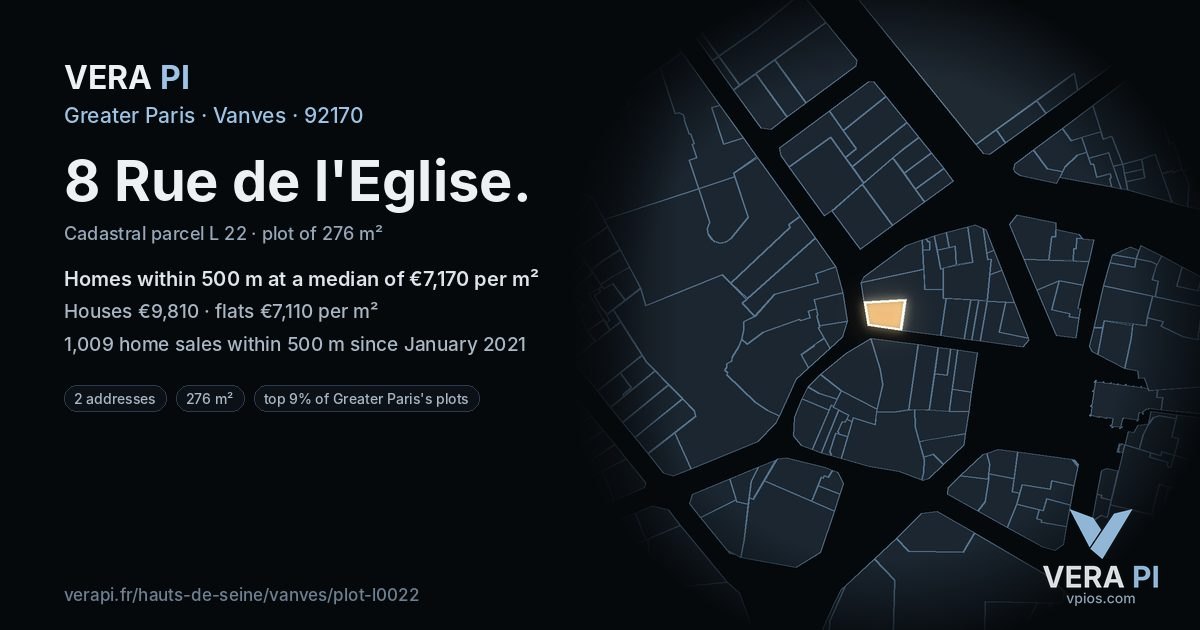 8 Rue de l'Eglise, Vanves at night – the plot lit, the parcels around coloured by the prices near them