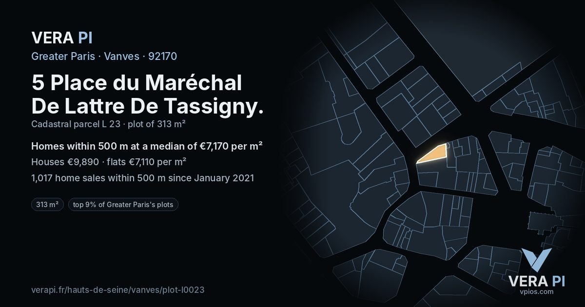 5 Place du Maréchal De Lattre De Tassigny, Vanves at night – the plot lit, the parcels around coloured by the prices near them
