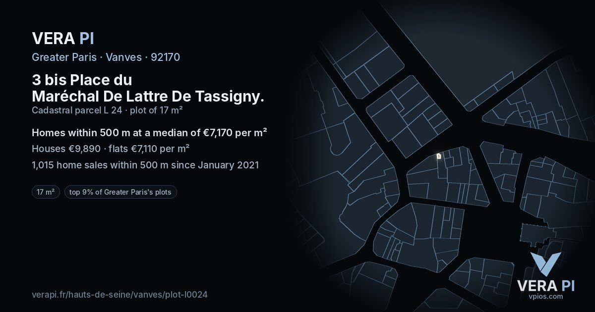 3 bis Place du Maréchal De Lattre De Tassigny, Vanves at night – the plot lit, the parcels around coloured by the prices near them