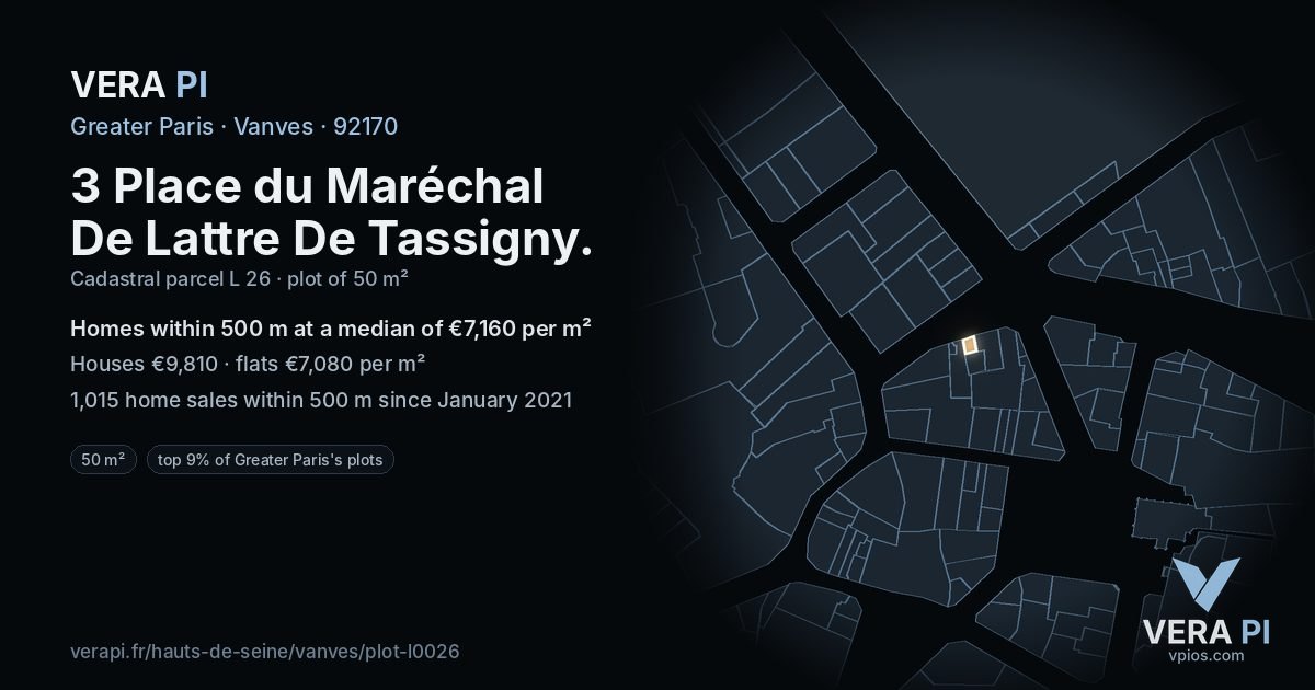 3 Place du Maréchal De Lattre De Tassigny, Vanves at night – the plot lit, the parcels around coloured by the prices near them