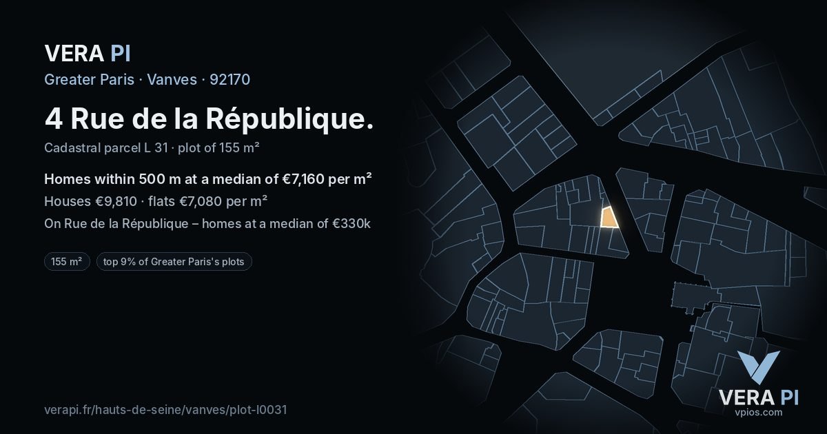 4 Rue de la République, Vanves at night – the plot lit, the parcels around coloured by the prices near them