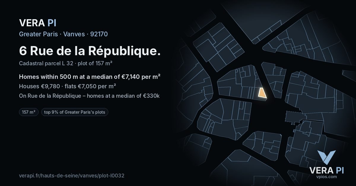 6 Rue de la République, Vanves at night – the plot lit, the parcels around coloured by the prices near them