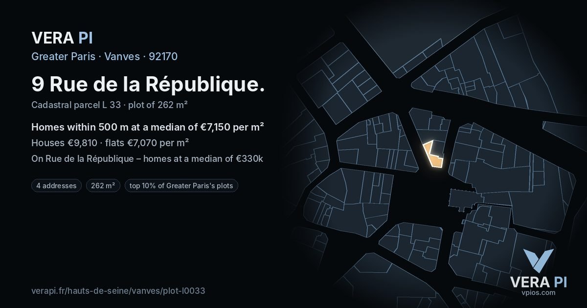 9 Rue de la République, Vanves at night – the plot lit, the parcels around coloured by the prices near them