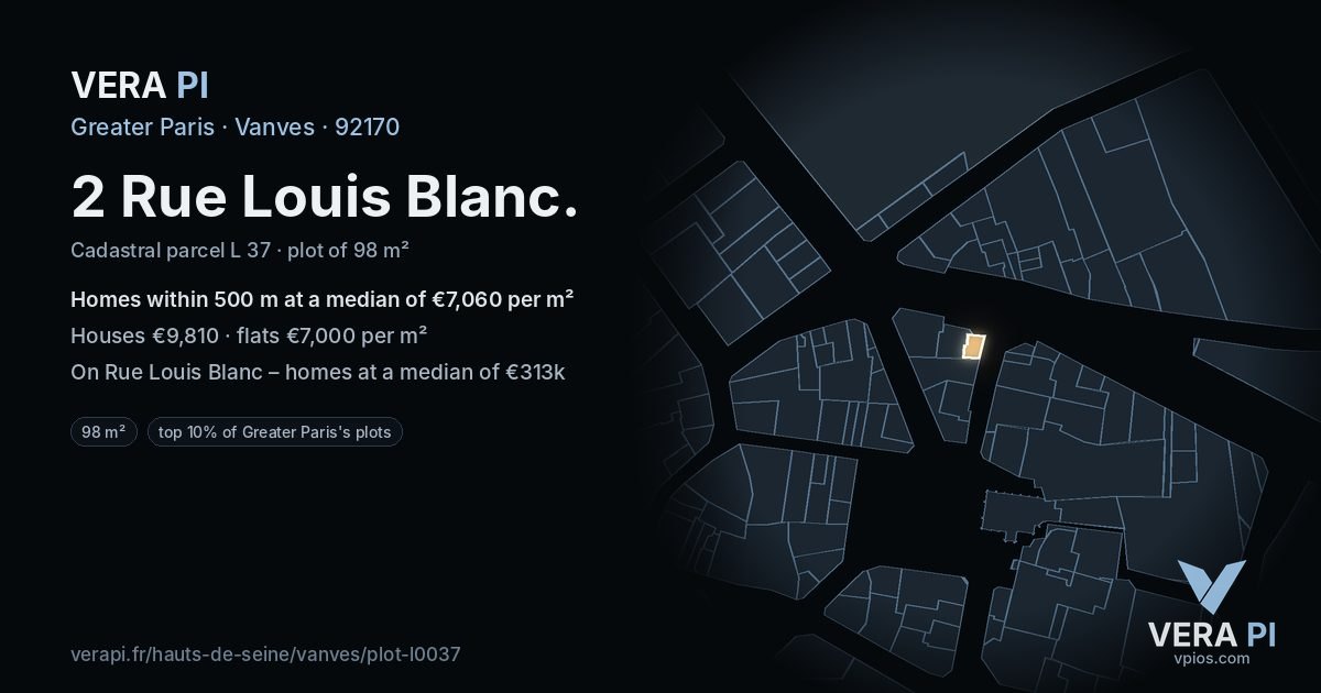 2 Rue Louis Blanc, Vanves at night – the plot lit, the parcels around coloured by the prices near them