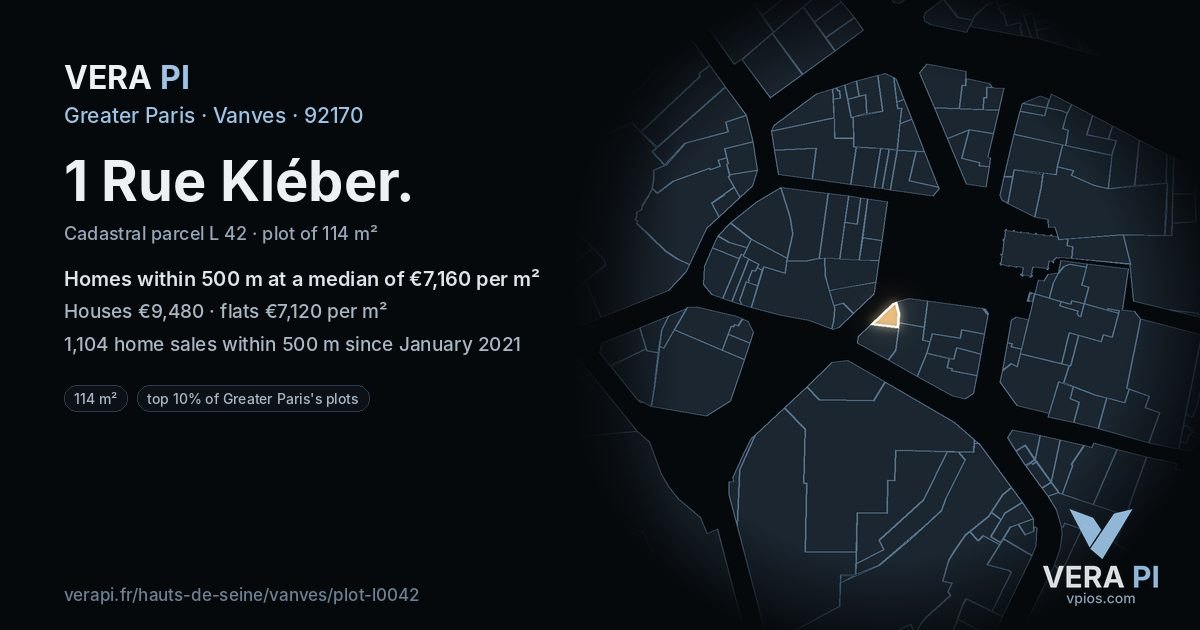 1 Rue Kléber, Vanves at night – the plot lit, the parcels around coloured by the prices near them