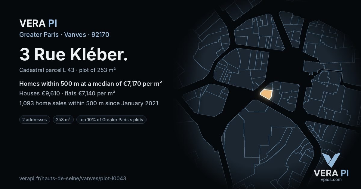 3 Rue Kléber, Vanves at night – the plot lit, the parcels around coloured by the prices near them