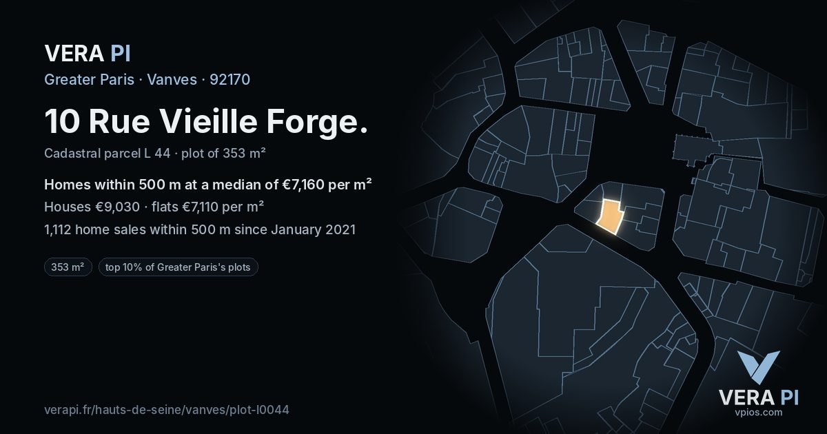 10 Rue Vieille Forge, Vanves at night – the plot lit, the parcels around coloured by the prices near them