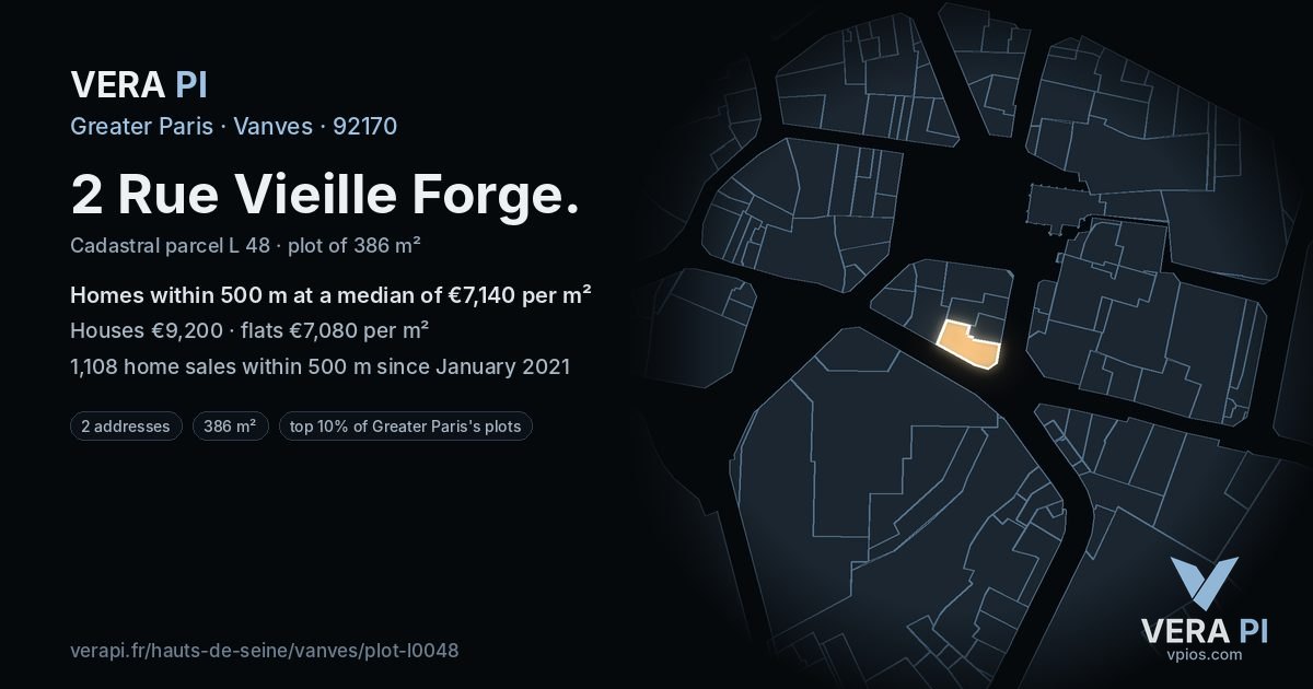 2 Rue Vieille Forge, Vanves at night – the plot lit, the parcels around coloured by the prices near them