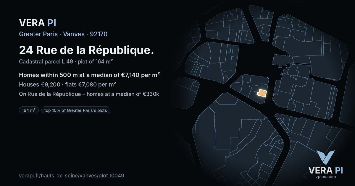 24 Rue de la République, Vanves at night – the plot lit, the parcels around coloured by the prices near them