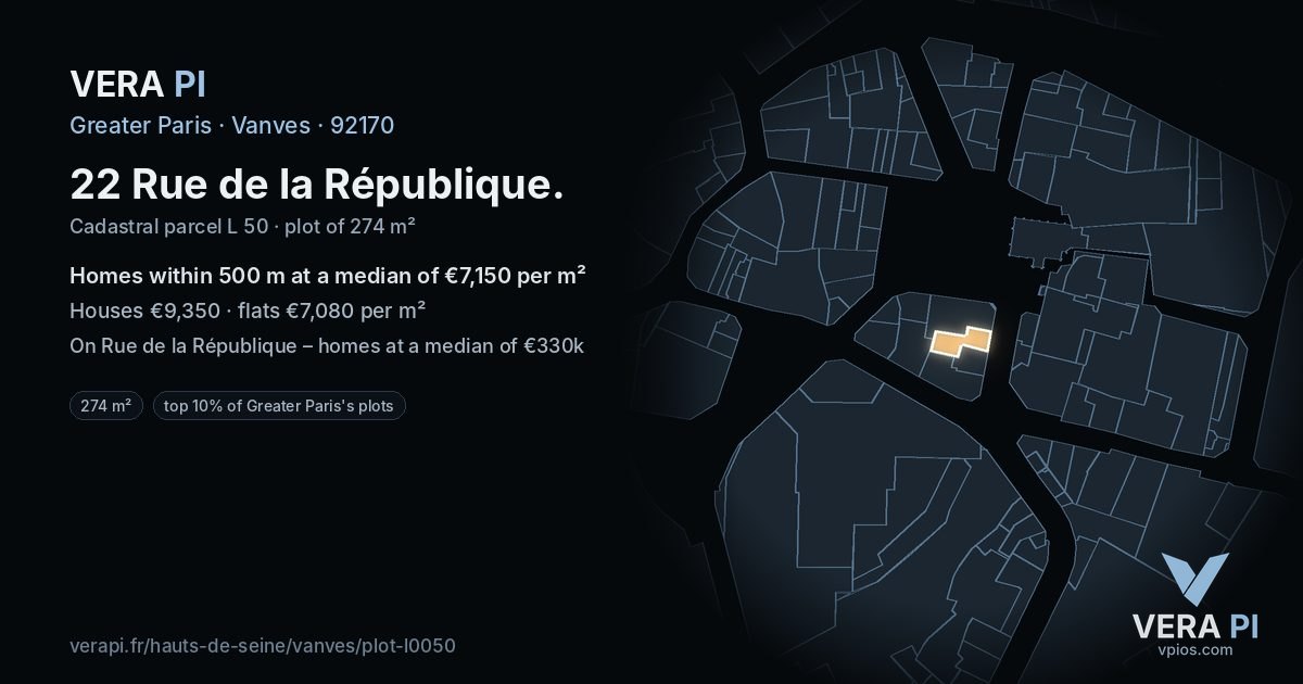22 Rue de la République, Vanves at night – the plot lit, the parcels around coloured by the prices near them