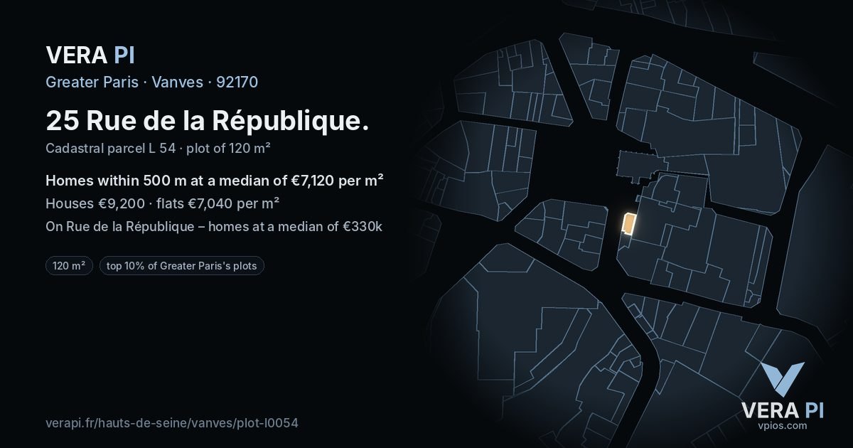 25 Rue de la République, Vanves at night – the plot lit, the parcels around coloured by the prices near them