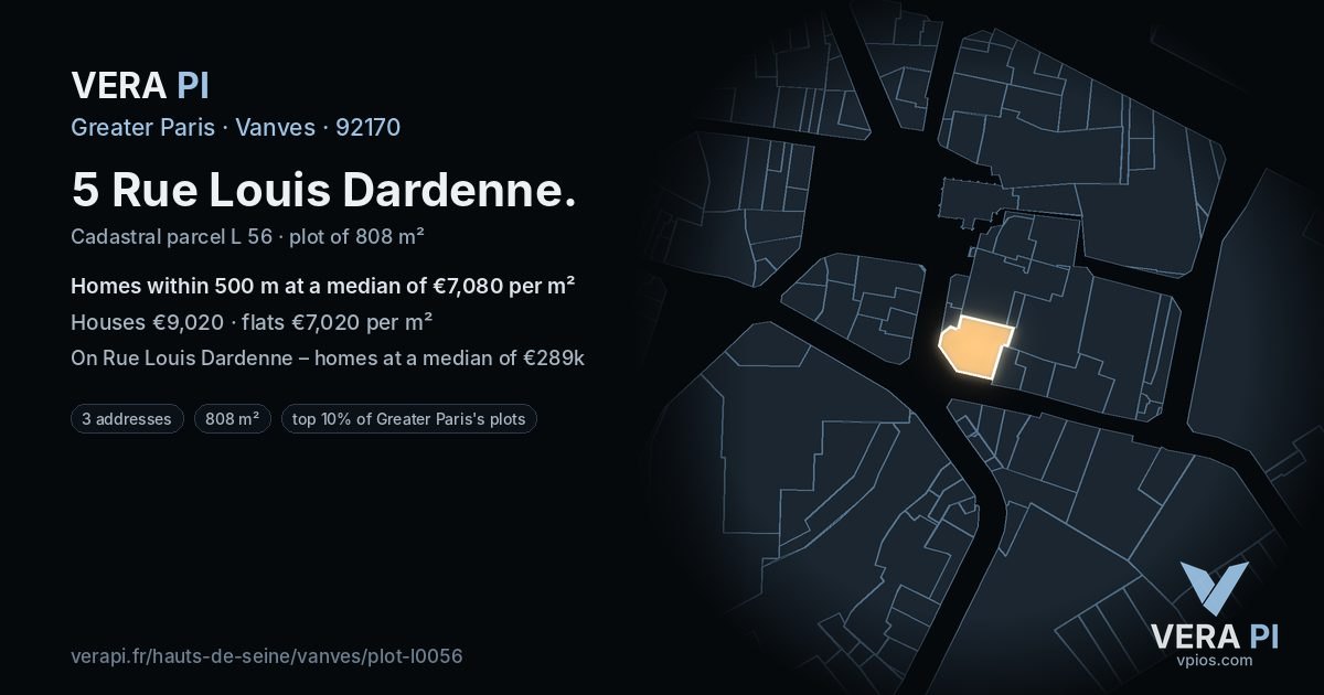 5 Rue Louis Dardenne, Vanves at night – the plot lit, the parcels around coloured by the prices near them